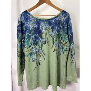 Women Sage Green Blue Floral Long Sleeve Scoop Neck Knit Top Pullover Relaxed